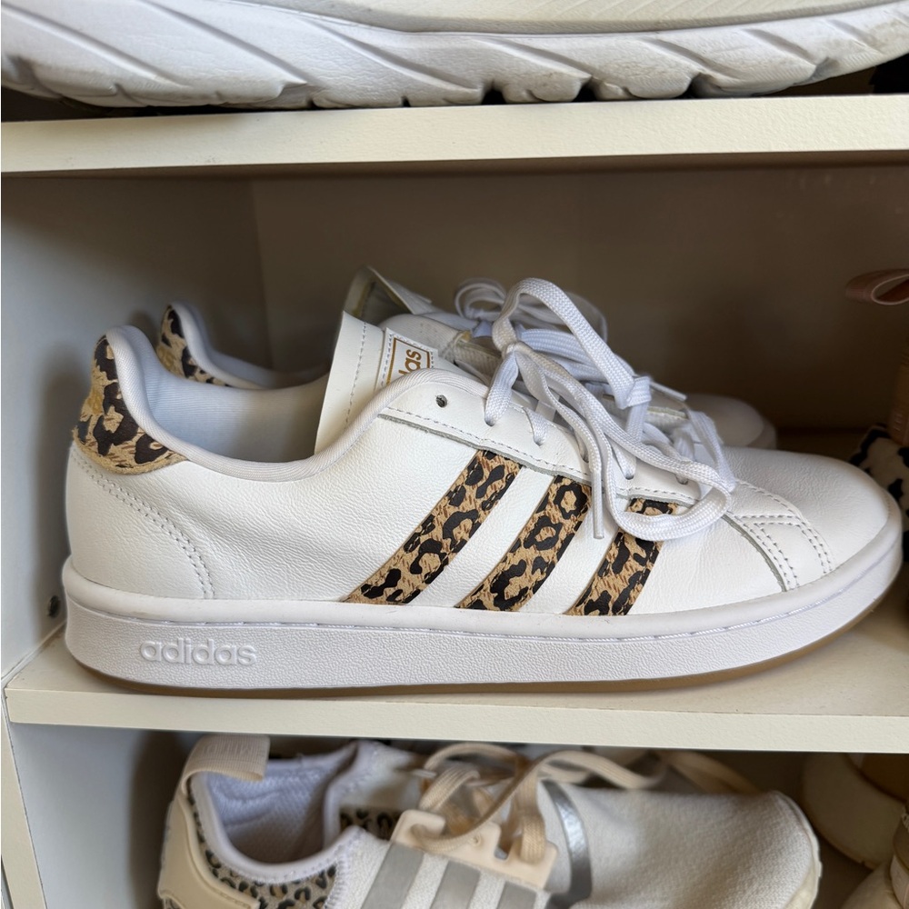 Adidas White Sneakers with Leopard Print Stripes
